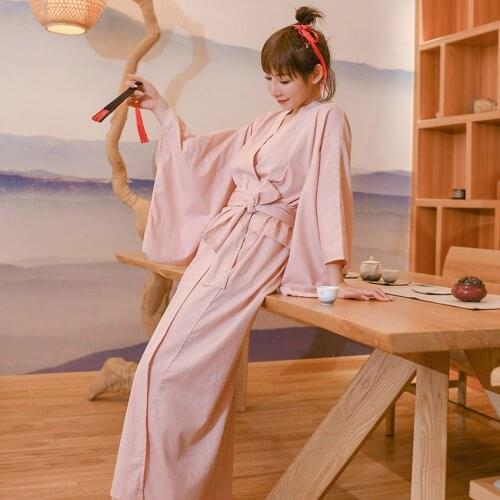 Kimono Dress for Woman Solid Cotton Loose Bathing Robe Yukata Ethnic Sleepwear Oriental Japanese Traditional New Year Costume
