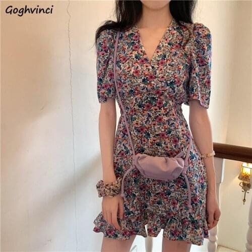V-neck Vintage Short Sleeve Dress Women Slender Elegant Fashion Ladies Sweet Ruffles All-match Basic Daily Mini Dresses Ulzzang
