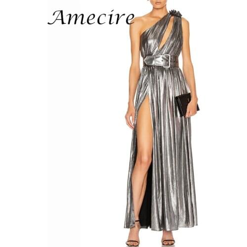 Amecire Lady Elegant Evening Party Dress One Shoulder High Split Gown Fashion Belt Runway Dress Sexy Metal Color Celebrity Wear