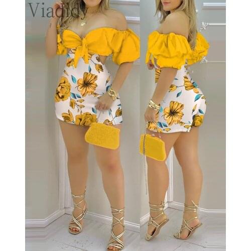 2021 Women Summer Off Shoulder Floral Print Ruffles Cutout Design Romper Knotted Puff Sleeve Skinny Playsuits