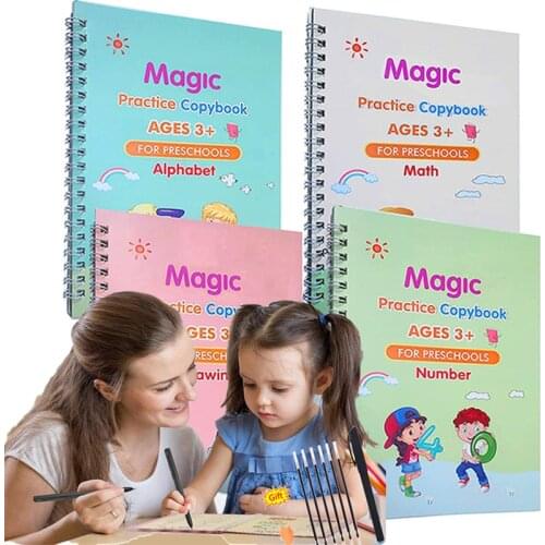4 Books/Sets of Magic Exercise Book Reusable Children’s Toys To Write English Numbers and Letters Montessori 3D Calligraphy