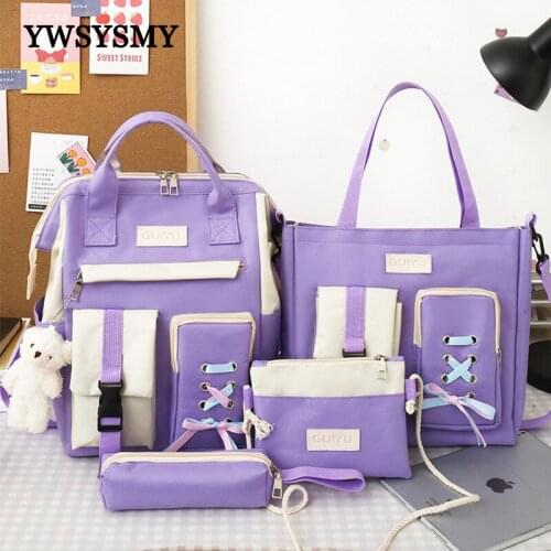 4 Psc/set Purple Backpack Women Waterproof Candy Colors Backpacks Fancy High School Bags for Teenage Girl Cute Travel Rucksack