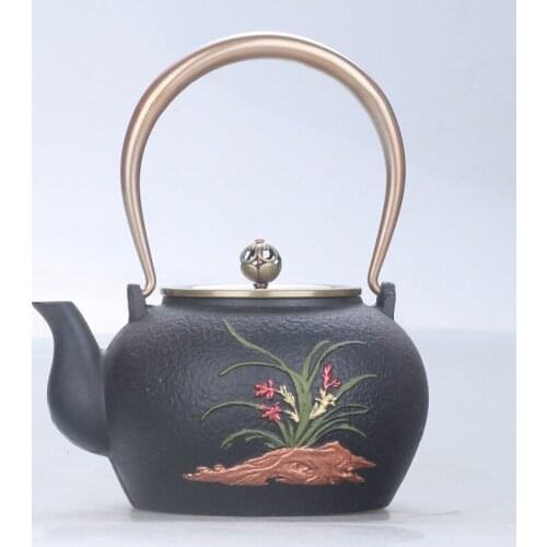 Cast iron pot oxidation film process orchid butterfly double copper drawing tea pot boiling water kettle teapot tea set 1.3L