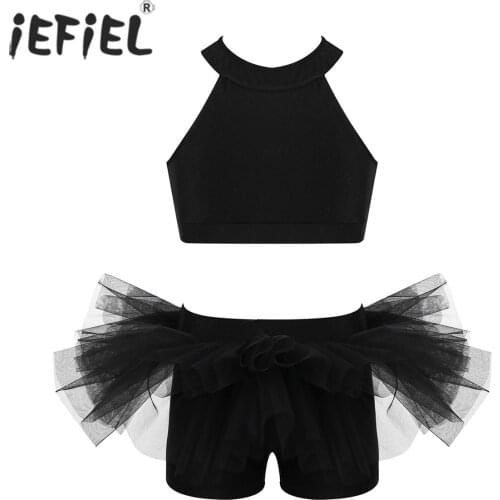Kids Girls Two-Piece Ballroom Dance Class Leotard Dancewear Zippered Crop Top with Ruffled Bottoms Gymnastics Dancing Costumes