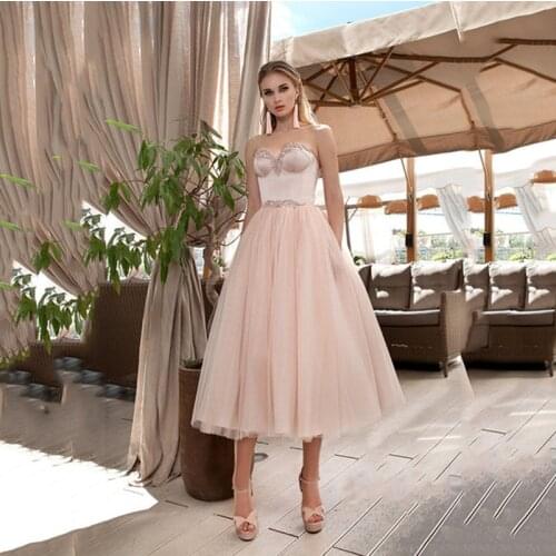 Hot Sale Latest Blue Short Prom Party Dresses Tea Length Tulle Sweetheart Appliqued Wedding Guest Gowns 2021 A Line On Sale