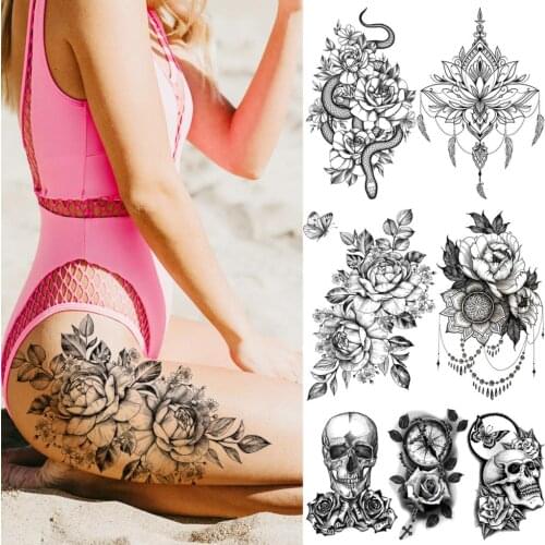 Pencil Sketch Rose Peony Flower Temporary Tattoos For Women Girls Snake Henna Skull Fake Tattoo Sticker Leg Body Tatoos Thigh