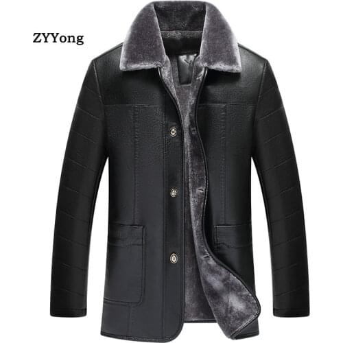 Leather Jacket Men Winter Jacket Long Fleece Parka Coat Overcoat Plus Velvet Warm Fur Collar Soft PU Windproof Business Outwear