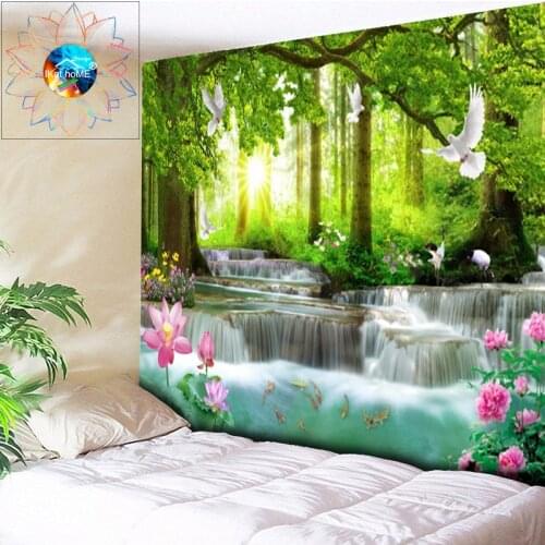 Lotus Wall Hanging Hippie Tapestry Flowers Psychedelic Wall Tapestries Forest Wall Tapestry Mandala 3D Waterfall Boho Dorm Decor