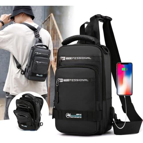 Male Nylon Knapsack Daypack Messenger Chest Bags with USB Charging Port Small Men Sling Backpack Rucksack Bag