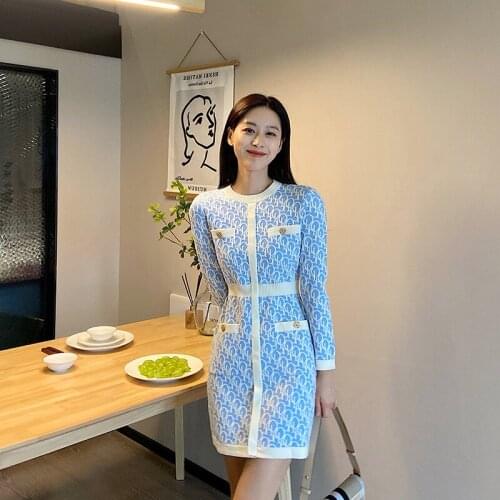 2021 New Autumn Knitted Sweater Dress Women Gold Button Korean Fashion Vintage Chic Blue Slim Mini Dress Robe Femme Vestidos