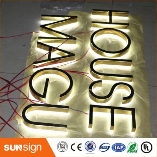 Dimensional Golden backlit letter stainless steel channel letter with acrylic back for exterior business sign letters