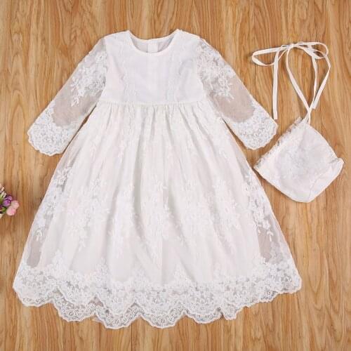 Baby Girls Christening Outfit Baptism Embroidered Lace Dress Gown with Bonnet 2Pcs Clothes Set Lace Floral Dresses
