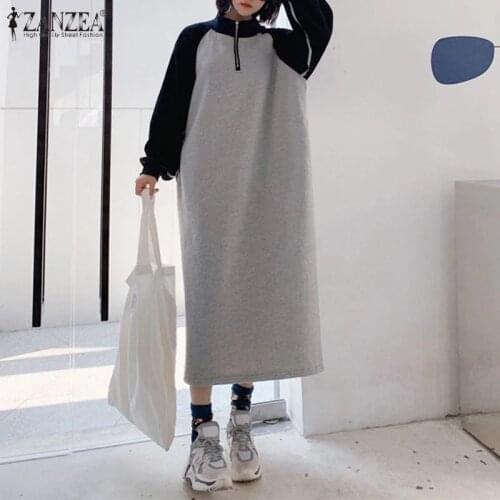 ZANZEA Korean Style Female Sweatshirt Dress Casual Color Patchwork Full Sleeve Robe Stand Collar zipper Midi Vestidos Plus Size