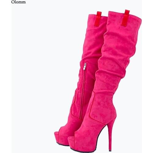Olomm New Arrival Women Spring Knee High Boots Side Zipper Stiletto Heels Peep Toe 8 Colors Party Shoes Women Plus US Size 5-20