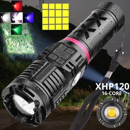 XHP120 16-core 4 Colors Led Flashlight USB Rechargeable Zoom Lantern COB outdoor Tactical powerful torch use 3x18650 Battery