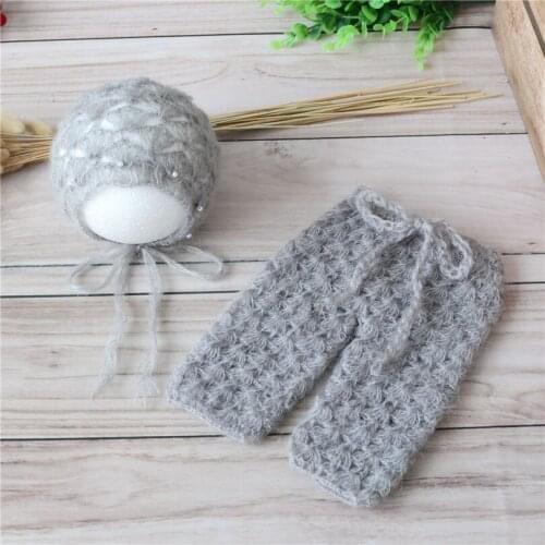 Newborn Knit Grey Mohair Bonnet Romper Set Photography Props Baby Girl Outfit Prop Newborn Mohair Overall photo shoot
