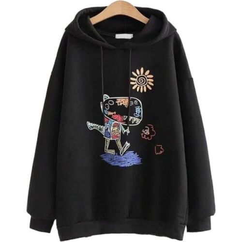 Cartoon Dinosaur Print Fleece Women Hooded Sweatshirt 2020 Winter Long Sleeve Warm Hoodies Plus Velet Teen Girls Harakuju Top