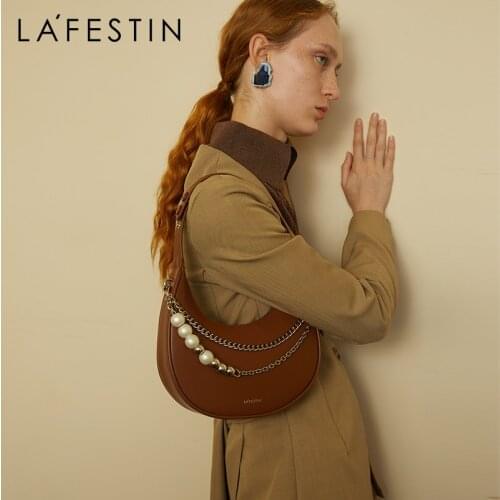 LA FESTIN luxury designer handbag for women 2021 new trendy leather shoulder messenger bag fashion metal pearl chain female bag