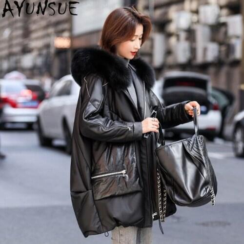 Womens Leather Jacket Real Sheepskin Coat Female Winter Down Jackets Fox Fur Collar Oversized Parkas 2020 Abrigo Mujer Pph1778