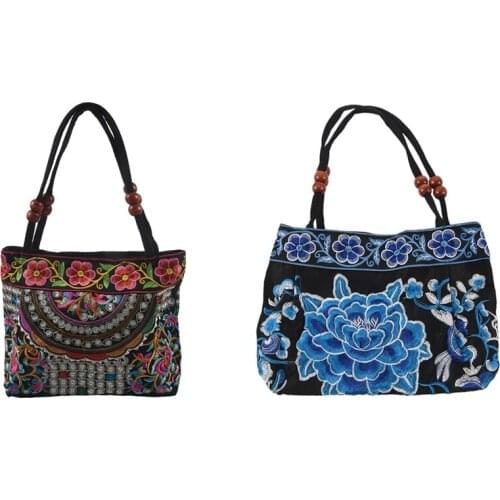 2x Women Handbag Embroidery Ethnic Summer Fashion Handmade Flowers Ladies Tote Shoulder Bags (Flowers&Blue Peony)