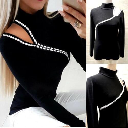 Women Long Sleeve Cold Shoulder Hoodie Sweatshirt Cut Shoulder High Tee Jumper Pullover Hoodie Top Shirt Ladies Plain Tops