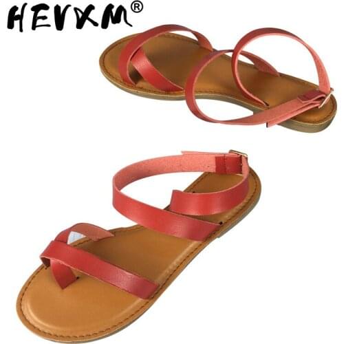 2021 Flat with Women Sandals Casual Buckle Solid Ladies Back Strap Summer Shoes Comfortable PU Leather Gladiator Sandalias Mujer