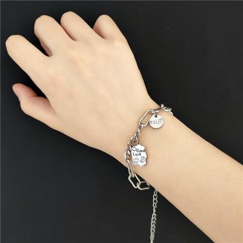 Good Luck Emo Bracelets for Women Stainless Steel Kpop Punk Goth Edgy Trendy Smiley Face Charm link Bracelet Korean Jewelry Gift