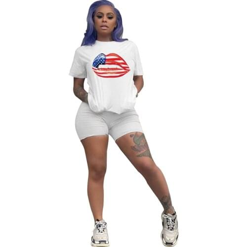 S-XL Ladies Short Sleeve Shorts Two-piece Set Lips Eyes Flag Printed Pattern Comfortable Home Sports Suit