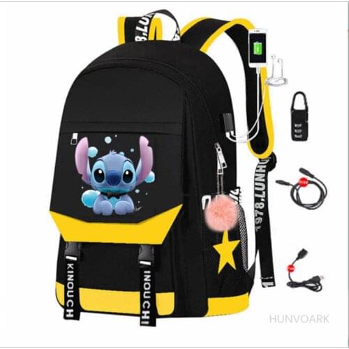 Disney Kawaii Stitch Bag Zipper USB Charging big Capacity Backpack Women Kpop School Bags for Teenage Girls Harajuku Students