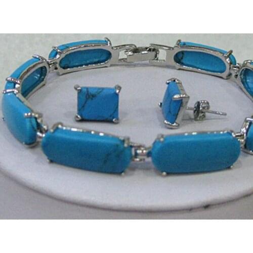 Womens temperament Chinese style fashion metal silver plated long Turquoise Bracelet + Earring Set