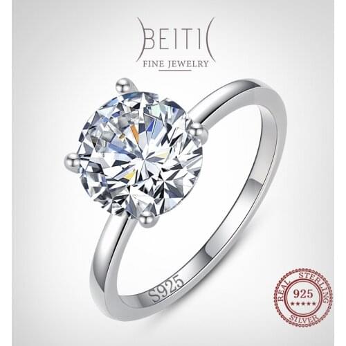Beitil Genuine Sterling Silver 925 Classic Round Clear Zircon Rings For Women Classic Wedding Statement Jewelry