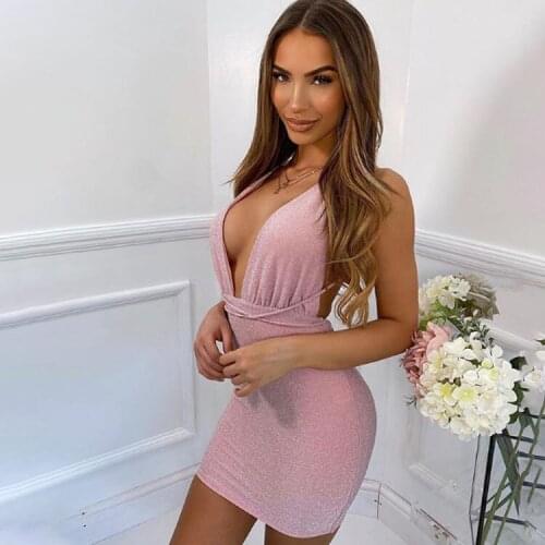 2021 Summer Womens Fashion V-neck Open Back Bandage Sexy Mini Dress Backless Sheath Sleeveless Pink Dresses Vestidos