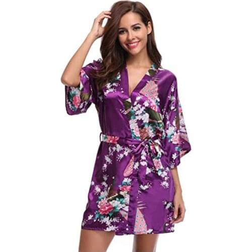 Brand Purple Female Printed Floral Kimono Dress Gown Chinese Style Silk Satin Robe Nightgown Flower S M L XL XXL