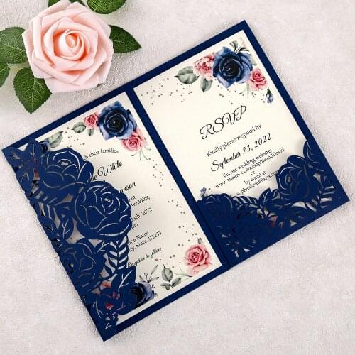 100pcs Navy Blue Laser Cut Wedding invitations Customized Printing Cards for Wedding (5 Colors)