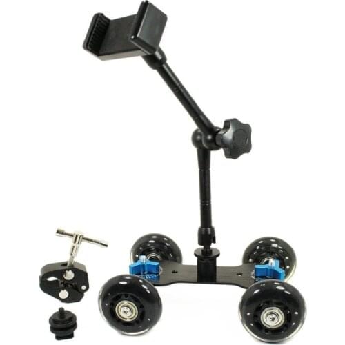 4 Wheel Tabletop Mobile Rolling Slider Dolly Car with Smartphone Clamp Mount kit
