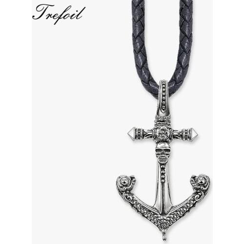 Leather Rope Big Necklace Skull Anchor, Fashion 925 Sterling Silver Jewelry European Punk Gift For Men Women Boy Girls 2018 New