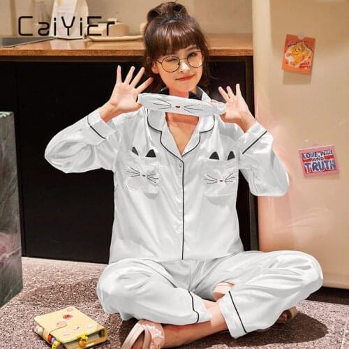 CAIYIER Silk Women Pajamas Set Cute Cat Embroidery Pocket Nightwear Colorful Girl Sleepwear Fashion Party Homewear With Eye Mask