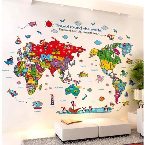Color world map animal infographic wall sticker Vinyl DIY wall decals For Childrens room kindergarten decor sticker