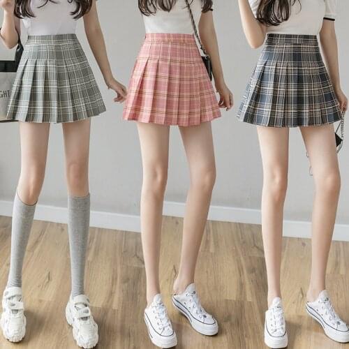 Summer Womens High Waist Thin Plaid Pleated Skirt Pantskirt Hottie Fashion Preppy-Style Kawaii School Uniform Lolita Cosplay