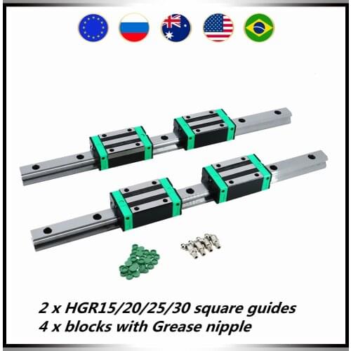 Linear guide HGR15 HGR20 HGR25 HGR30 square rails X Y Z azis 2 pcs CNC guides +4pcs block sliders for CNC router