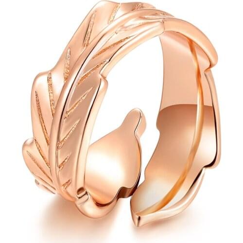 Copper Leaf Rings Rose Gold Plated Plant Feather Adjustable Finger Ring For Women Statement Promise Anniversary Fashion Jewelry