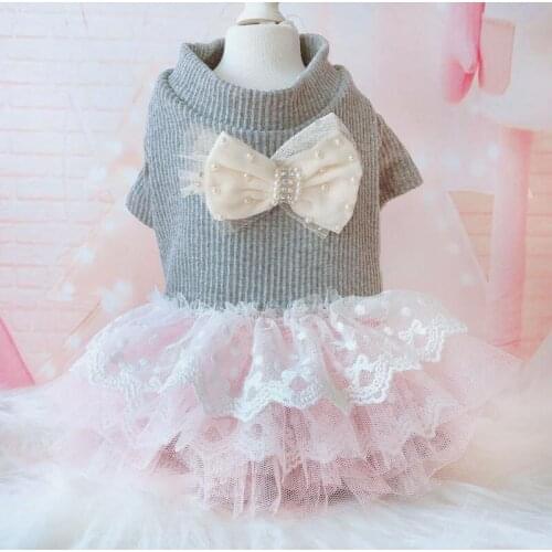 Fashion Knitted Dog Cat Dress Lace Heart Pattern Short Sleeve Knitting Sweater Hoodies Pullover Skirt Coat Outfit Pet Clothing S