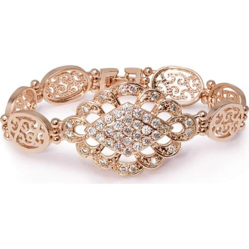 MxGxFam ( 17.5 cm X 25 mm ) New Flower Pattern ZIrcon Width Watch Bracelet Jewelry for Women Champagne Gold Color 18 k