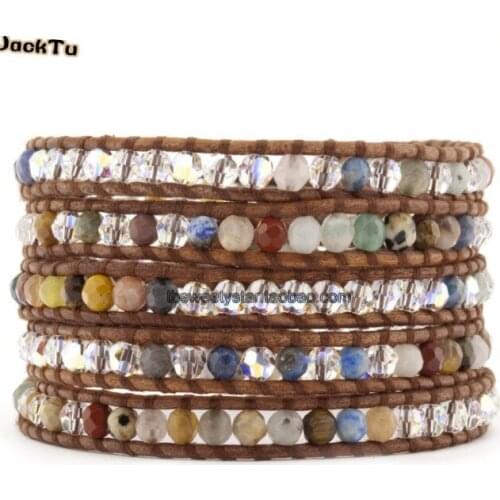 New style mixed natural stone semiprecious stone with crystal leather wrap bracelet for woman