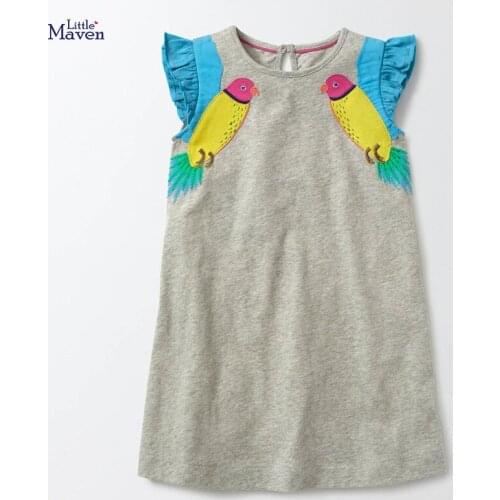 Baby Girls Clothes 2021 New Summer Brand Dress Toddler Cotton Bird Applique Short Sleeve Cute Dresses for Kids 2-7 Years S0888