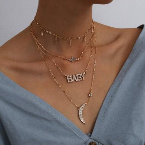 Baby Letter Star Moon Lightning Pendant Necklace Square Tassel Thin Chain Multilayer Choker Necklaces Female Fashion Jewelry
