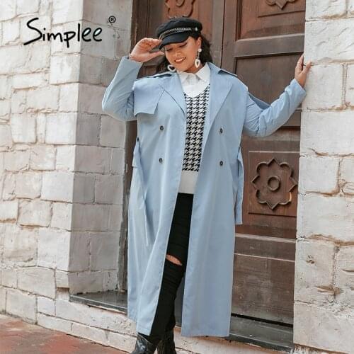 Simplee Winter Autumn Solid Women Long Coats Pocket Lace Up Office Ladies Plus Size Trench Full Regular Sleeves Female Long Coat