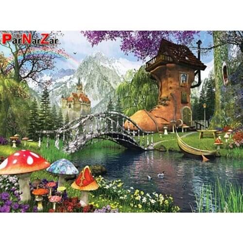 ParNarZar Shoe House Porch Diamond Painting Handmade Landscape Bridge Full Round Drill 5D DIY Diamond Embroidery Mosaic Decor