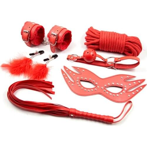 Flame Red Sexy Adult Supplies SIX-Piece Set Sex Product Ball Gag Nipple Clamp Belly Band Rope Sexy SM Leather Adult Products