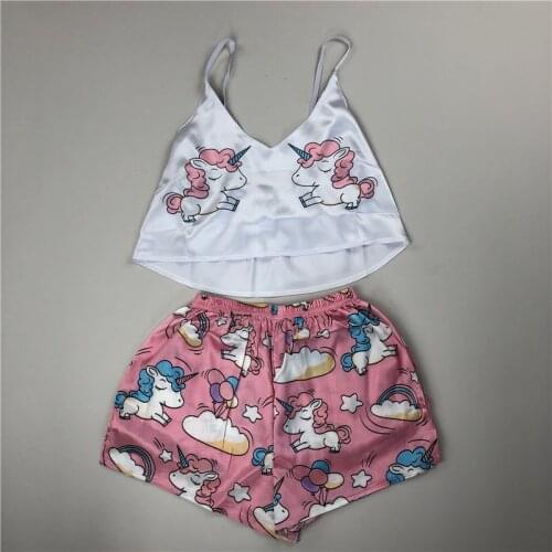 Unicorn pajamas for woman Silk Sexy Pijamas Women Satin Pyjama Femme Fox Print V Neck Home Suit Sleepwea